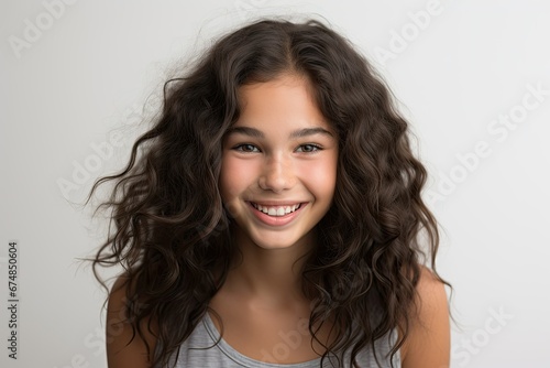 Latina teenage girl with dark brown long hair in a white T-shirt smiling at the camera on a white studio background