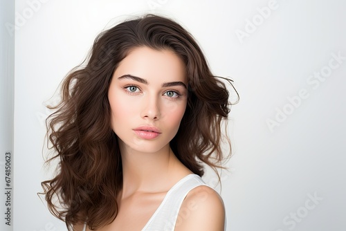 Beautiful young woman 20 years old with dark brown long hair in a white tank top posing on a white studio background