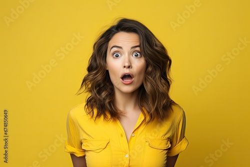 Portrait of an amazed young girl on a studio yellow background. Wow effect. Surprised woman with open mouth