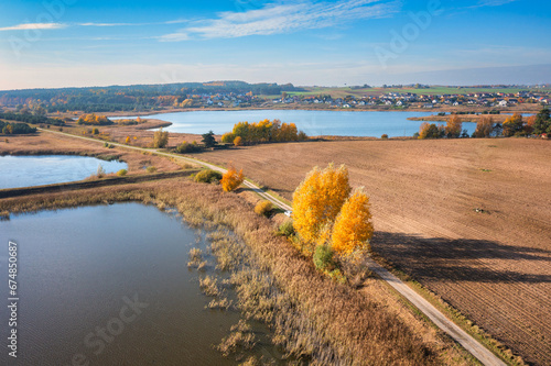 Aerial landscape of autumn lakes and forests in the Kociewie region, Poland.