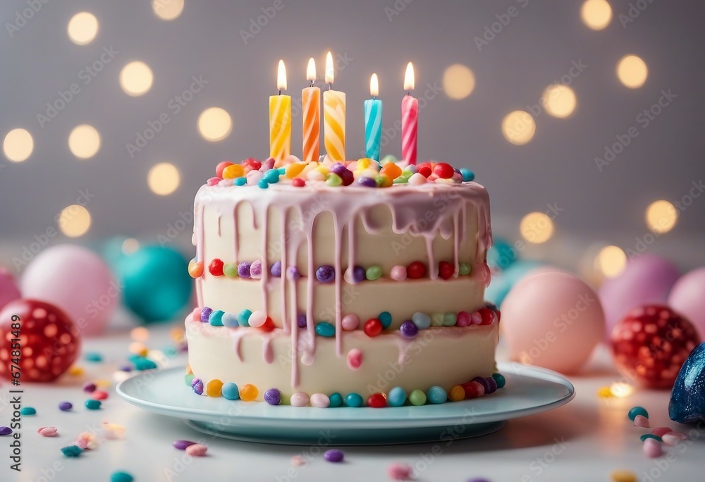 Birthday cake colorful with frosting and candy on a white table minimalism style with glowing bokeh Birthday cake colorful with frosting and candy on a white table minimalism style with glowing bokeh