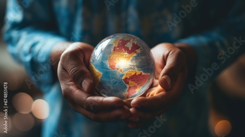 World map in hands of african man, AI
