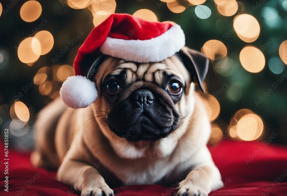 Pug in a Santa Claus hat puppy or dog celebrating Christmas Pug in a Santa Claus hat puppy or dog celebrating Christmas
