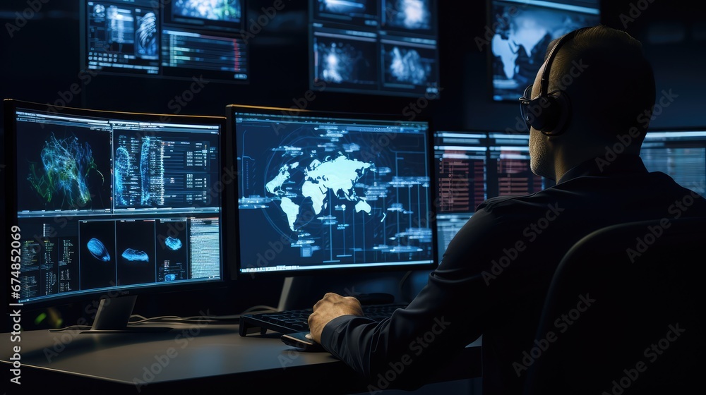 Security worker looking at surveillance monitors Security worker looking at surveillance monitors