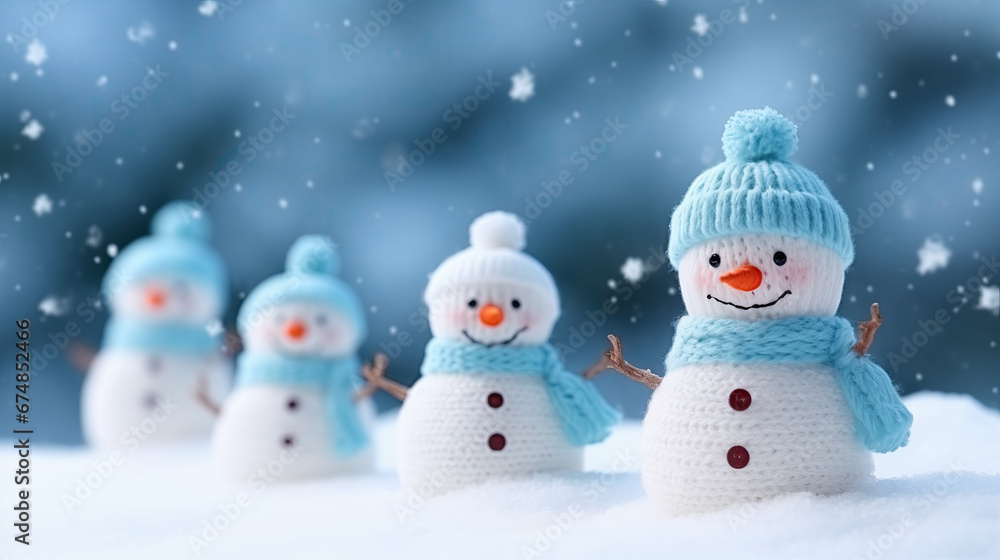 Little knitted snowmans on soft snow Little knitted snowmans on soft snow