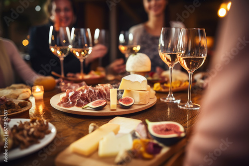  Group of friends having wine tasting party in French restaurant