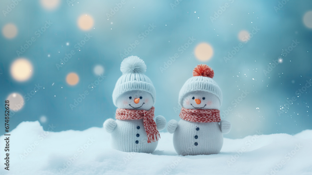 Fototapeta premium Little knitted snowmans on soft snow