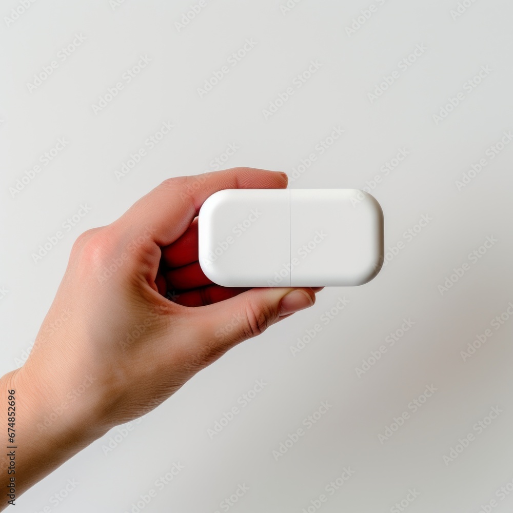 Holding a small pill box in the hand. Holding a small pill box in the hand.