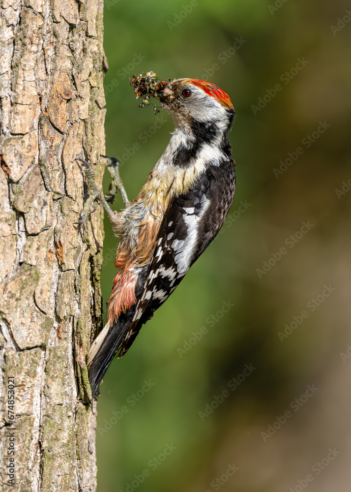Middle Spotted Woodpicker flew to the hollow to feed the young. Middle Spotted Woodpicker flew to the hollow to feed the young.