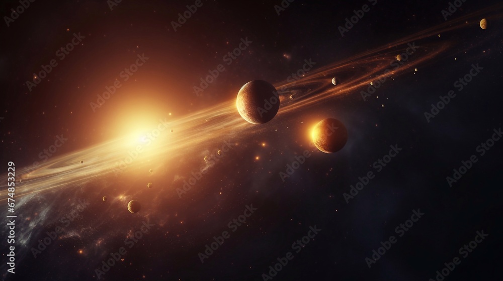 An illustration of the planets of our solar system orbiting the sun in outer space and dark copy space background. - obrazy, fototapety, plakaty 