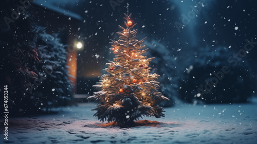 Christmas Tree in Snow at night