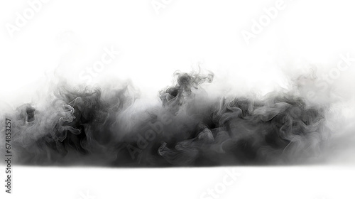Realistic black smoke clouds on Transparent background. Moody feeling, fog effect. Dark backdrop, graphic resource for montage, overlay or texture, copy space