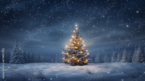 Christmas Tree in Snow at night