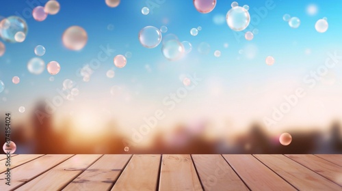 Empty wooden surface and floating soap bubbles blurred view with tranquil bokeh lights and blue sky. Graphic resource for montage  overlay or texture  copy space.