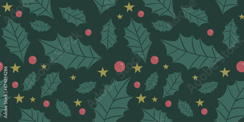 Seamless Christmas pattern with holly berry and stars.