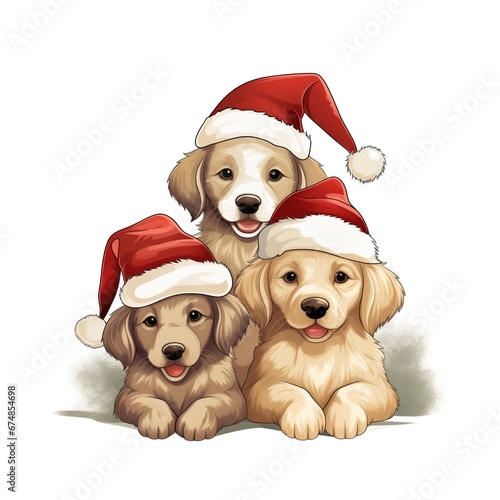 Adorable three beige puppies in a red Santa's cap. Christmas and New Year card composition © Taborisova