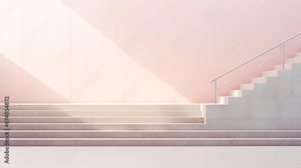 Obraz premium Mockup empty white blank copy space in soft color walls. Goingb upwards and stairs’ lateral walls in various locations: houses, offices, or exteriors. Concept of the way to success. 3D rendering