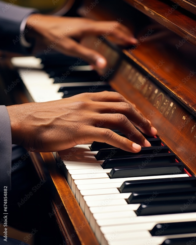 Up-close view of a musician's hands producing a soulful melody on a grand piano.
