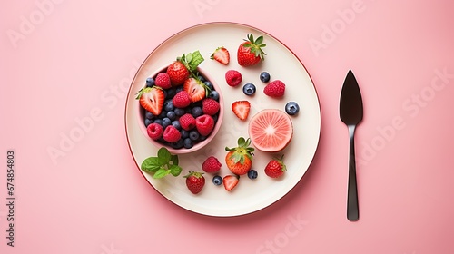 Top view alarm clock on white plate with knife and fork on blue background. Intermittent fasting, Ketogenic dieting, weight loss, meal plan and healthy food concept photo