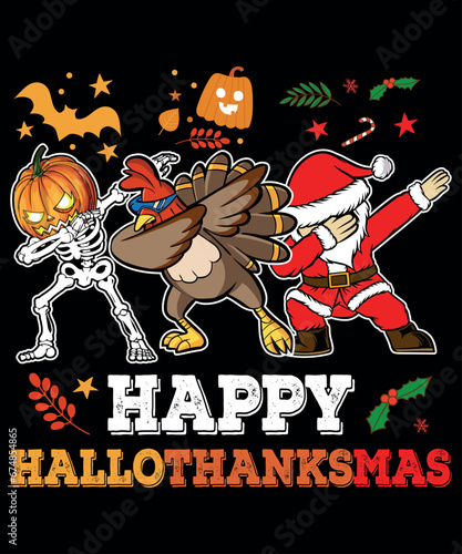 Happy hallothanksmas halloween thanks giving Christmas Santa Claus Autumn Security candy shirt print template graphic t-shirt
