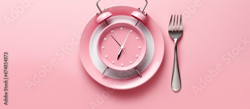 Top view alarm clock on white plate with knife and fork on blue background. Intermittent fasting, Ketogenic dieting, weight loss, meal plan and healthy food concept photo