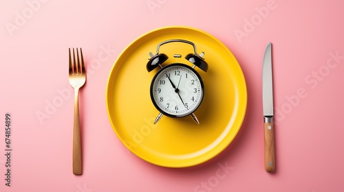 Top view alarm clock on white plate with knife and fork on blue background. Intermittent fasting, Ketogenic dieting, weight loss, meal plan and healthy food concept