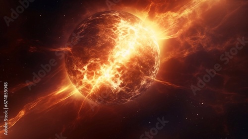 Earth's sun in outer space. Solar surface with powerful bursting flares and star protuberances erupting with magnetic storms and plasma flashes on dark copy space background. photo