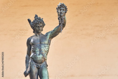 Bronze statue of Perseus with the head of Medusa in Florence, empty space on the right