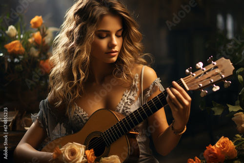 A beautiful woman playing a guitar, radiating beauty through music and artistry. Ai generated