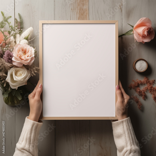 Frame mockup in Hands, with Flowers, Poster Mockup, Print Mockup