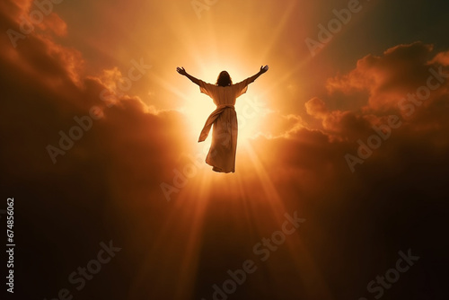 A profound representation of Jesus ascending to heaven, symbolizing the resurrection and divine transformation. Ai generated
