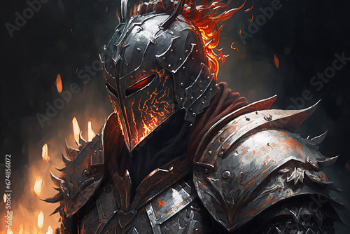 A captivating digital artwork depicting a fearsome knight in a full body armor with fire. Ai generated