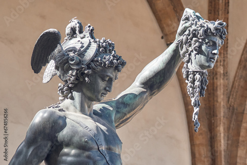 Close-up of Bronze statue of Perseus with the head of Medusa in Florence