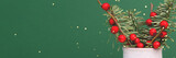 Banner with bouquet of nobilis fir and winterberry branches in front of green background.