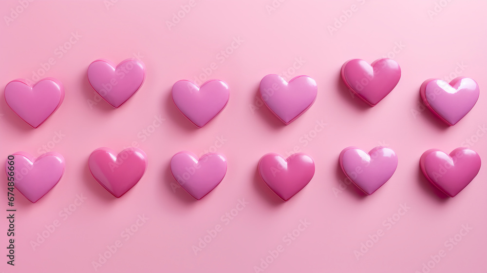 Illustration of several hearts forming a constellation of emotions on a pink surface. Image with pink hearts in romantic scene and copy space in visual composition.