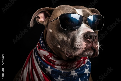 A patriotic pitbull proudly wears an American flag scarf in this heartwarming portrait. Ai generated © dragomirescu