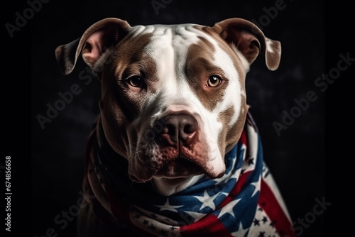 A patriotic pitbull proudly wears an American flag scarf in this heartwarming portrait. Ai generated © dragomirescu