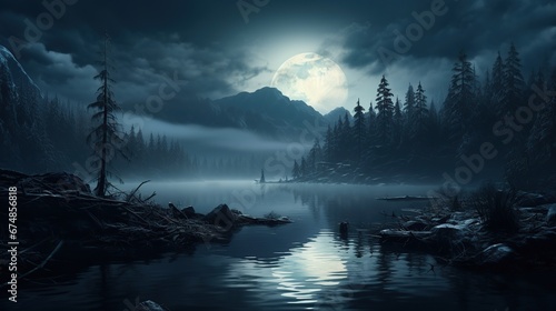 Dark cold futuristic forest. Dramatic scene with trees, big moon, moonlight. Smoke, shadow, smog, snow. Night forest landscape reflection in the river, sea, ocean. 3D illustration © ANIS
