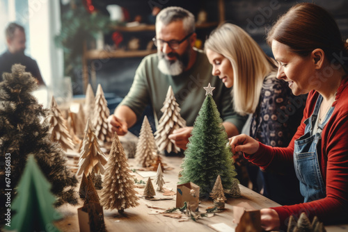 Group of people, family, celebration and holidays concept. Family making paper Christmas tree decoration at home

