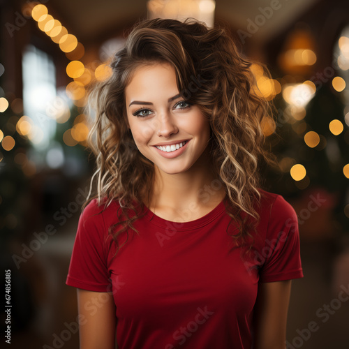 Red T-shirt Bella Canvas 3001 Mockup, Model Mockup, Christmas Interior Tshirt Mockup on Young Happy Woman photo