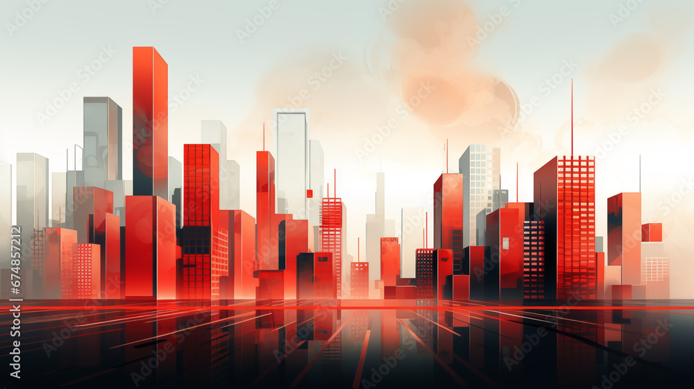 Futuristic city illustration, cityscape with skyscrapers, modern architecture, graphic