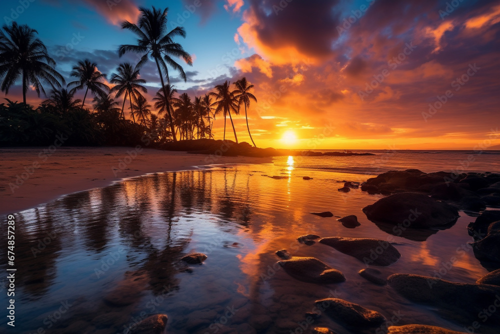 Experience the breathtaking beauty of a tropical island sunrise or sunset, casting a warm glow over palm tree shore. Ai generated