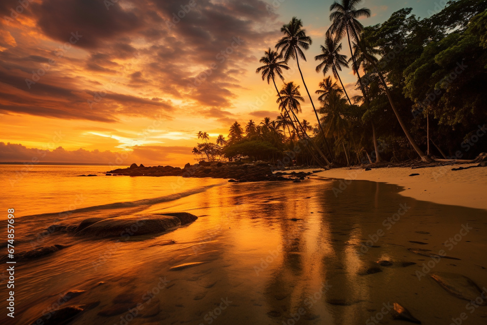 Experience the breathtaking beauty of a tropical island sunrise or sunset, casting a warm glow over palm tree shore. Ai generated