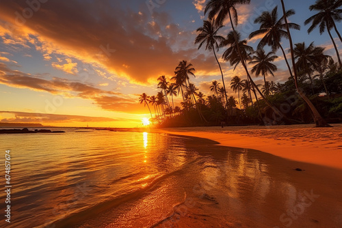 Experience the breathtaking beauty of a tropical island sunrise or sunset, casting a warm glow over palm tree shore. Ai generated © dragomirescu