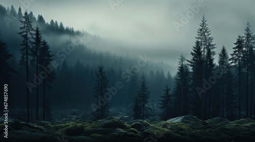 Night mysterious panoramic landscape in cold tones - silhouettes of the spruce forest under the full moon and dramatic night sky. © ANIS