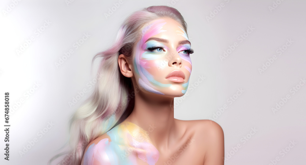 Naklejka premium Fashion editorial Concept. Closeup portrait of stunning pretty woman with chiseled features, pastel colourful makeup and hair. illuminated with dynamic composition dramatic lighting. copy text space