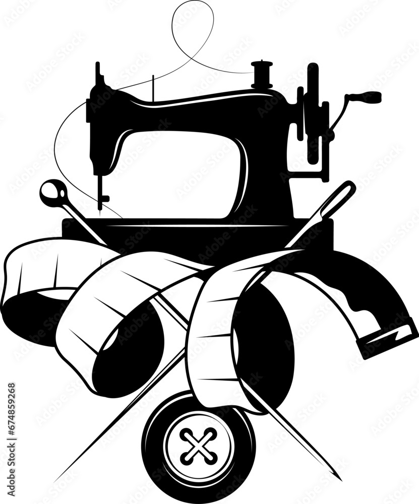 Hand sewing machine, sewing meter and needle. Symbol for a sewing and