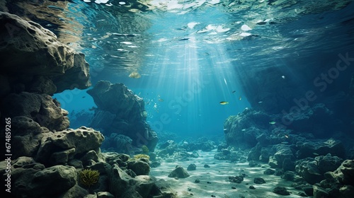 Deep ocean full of life. Underwater coral reef with fish and rays of sun through water surface © ANIS
