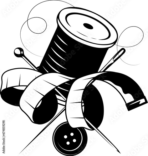 Spool of thread, sewing meter and needle and thread. Symbol for a sewing and tailor salon
