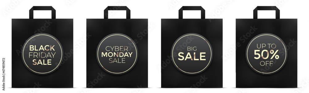 Black Friday and Cyber Monday shopping paper bags with golden tags vector set, isolated on a white background.
